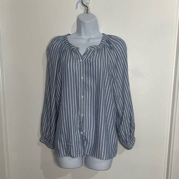 BeachLunchLounge Button Down Blouse, Blue Stripes, Small, Beach, Summer, Casual - Picture 3 of 11